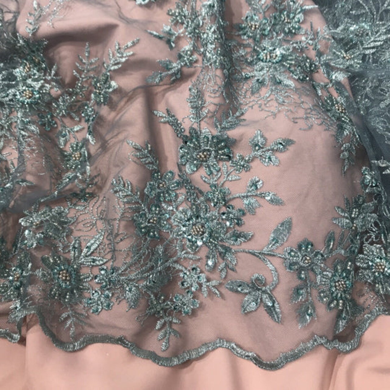 1 Yard Elegant Beaded Floral Lace Fabric Embroidered on 100% Polyester Net Mesh – Silver – 51"